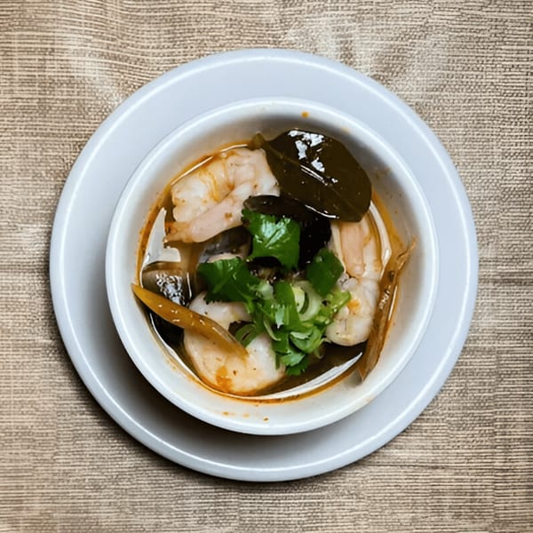 A white bowl of Bangkok Cuisine's Tom Yum soup with shrimp, mushrooms, and herbs.