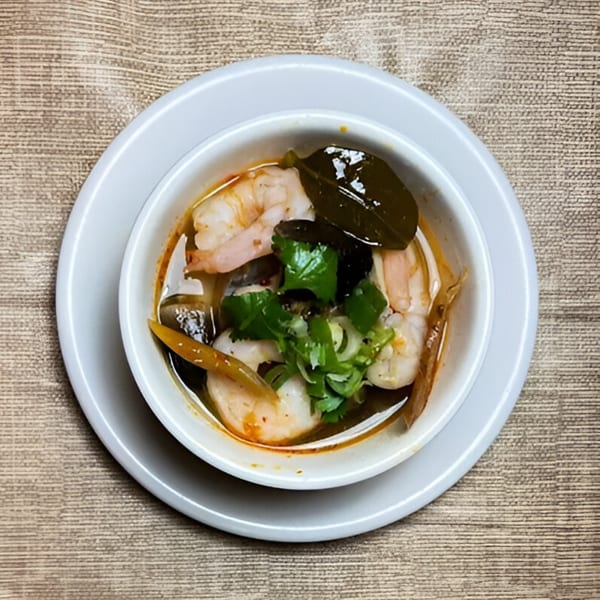 Overhead view of a white bowl of Tom Yum soup with shrimp, mushrooms, and herbs.